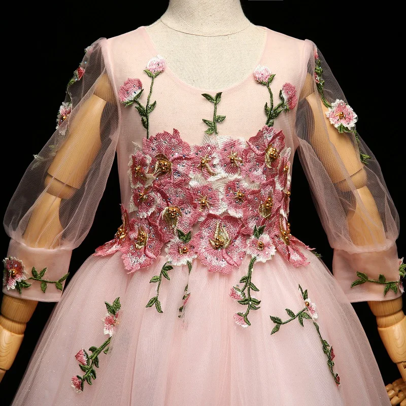 Caustom/Розовое Кружевное праздничное платье с длинными рукавами и цветочным
