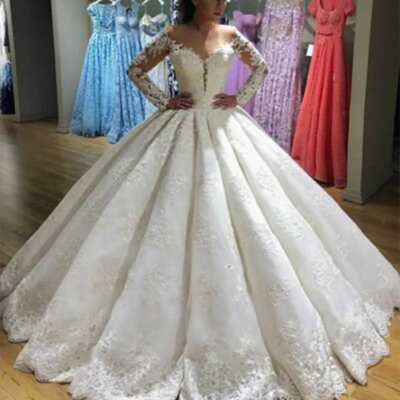 Lover Kiss Vestido De Noiva Princess Deep V Neck Lace Ball Gown Wedding Dresses Long Sleeve Vintage Bridal Gowns Robe de mariee