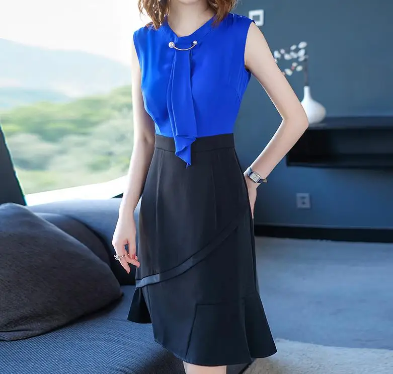 Офис леди Классическая Русалка без рукавов с галстуком до колена Империя