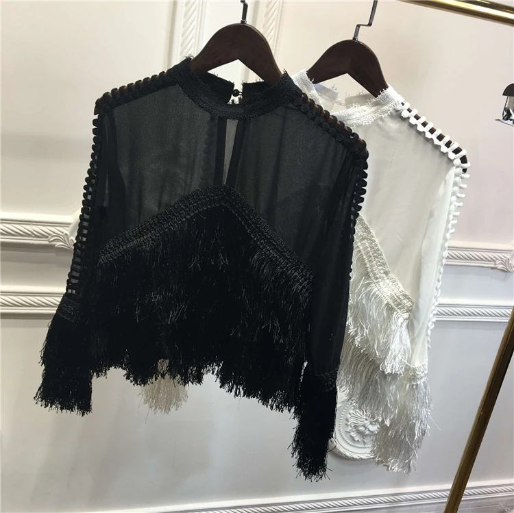 Женская шифоновая блузка с кисточками черный и белый джемпер круглым вырезом