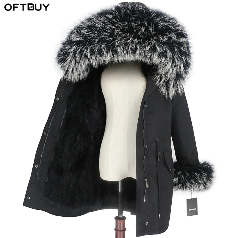 OFTBUY/2021 пальто с натуральным мехом енота капюшон манжеты Лисий мех