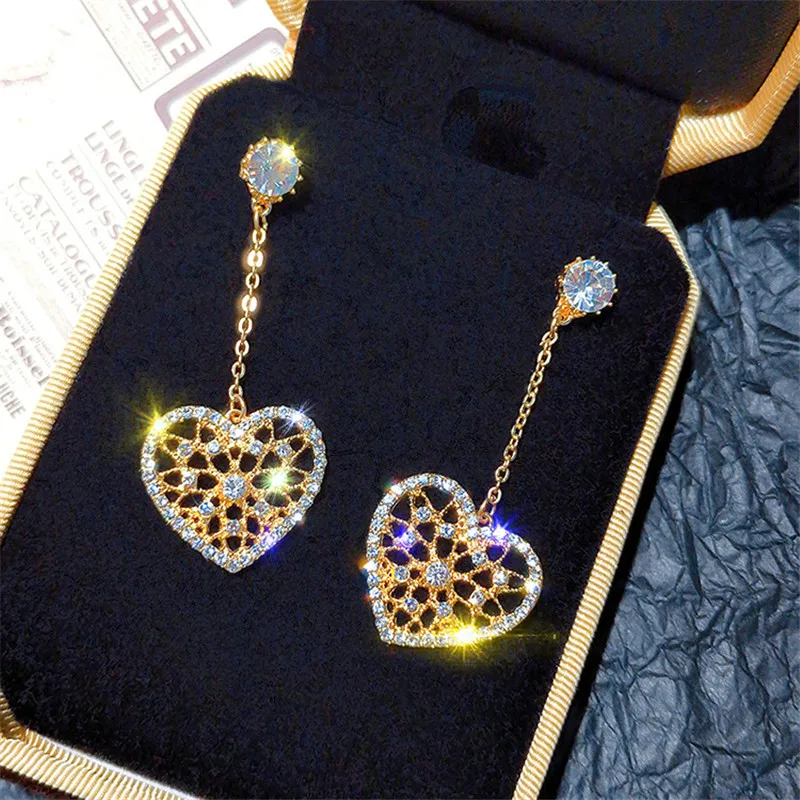 FYUAN, блестящие стразы, висячие серьги для женщин,, Bijoux, сердце, полые, золотой цвет, висячие серьги, массивные серьги, ювелирное изделие