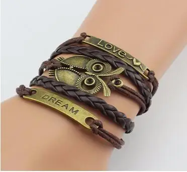 Шарм винтажный Многослойный кожаный браслет для женщин Мужчины Сова крест Believe