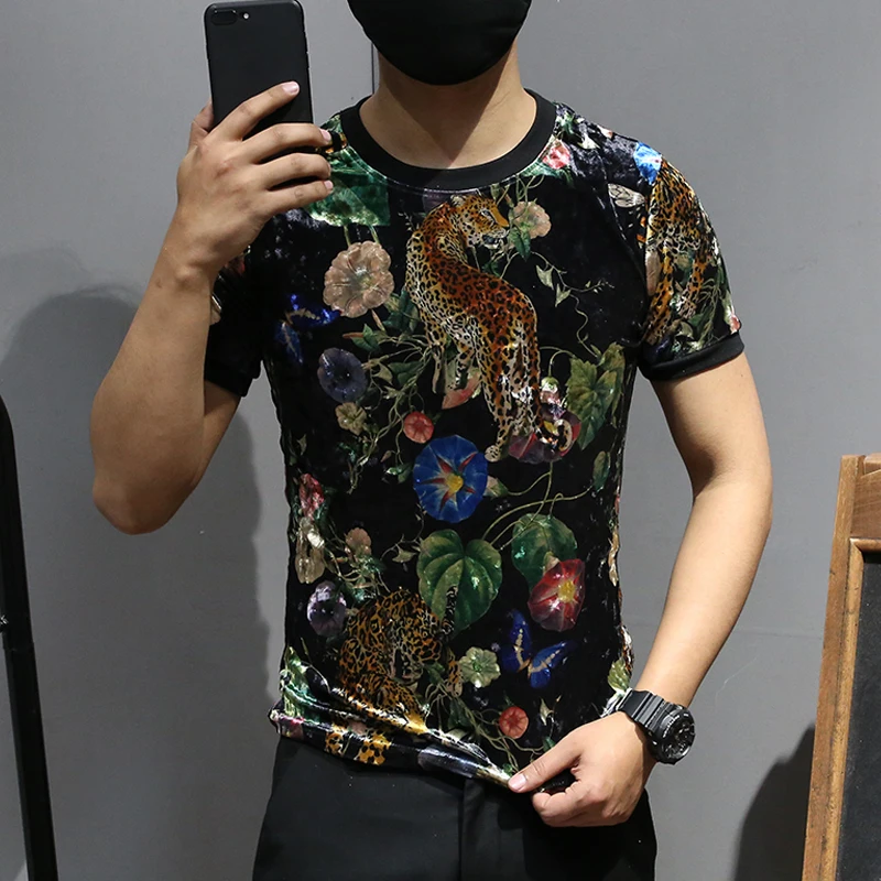 Бархатные футболки мужские с принтом животных черные Клубные Chemise Tiger новые