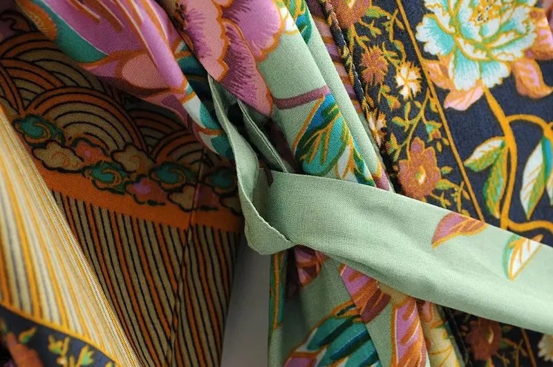 Boho Винтаж Цветочный принт зеленый длинный дизайн кимоно с рукавами «летучая мышь» кардиган для женщин пляжное платье макси; Праздничная уличная одежда; в богемном стиле