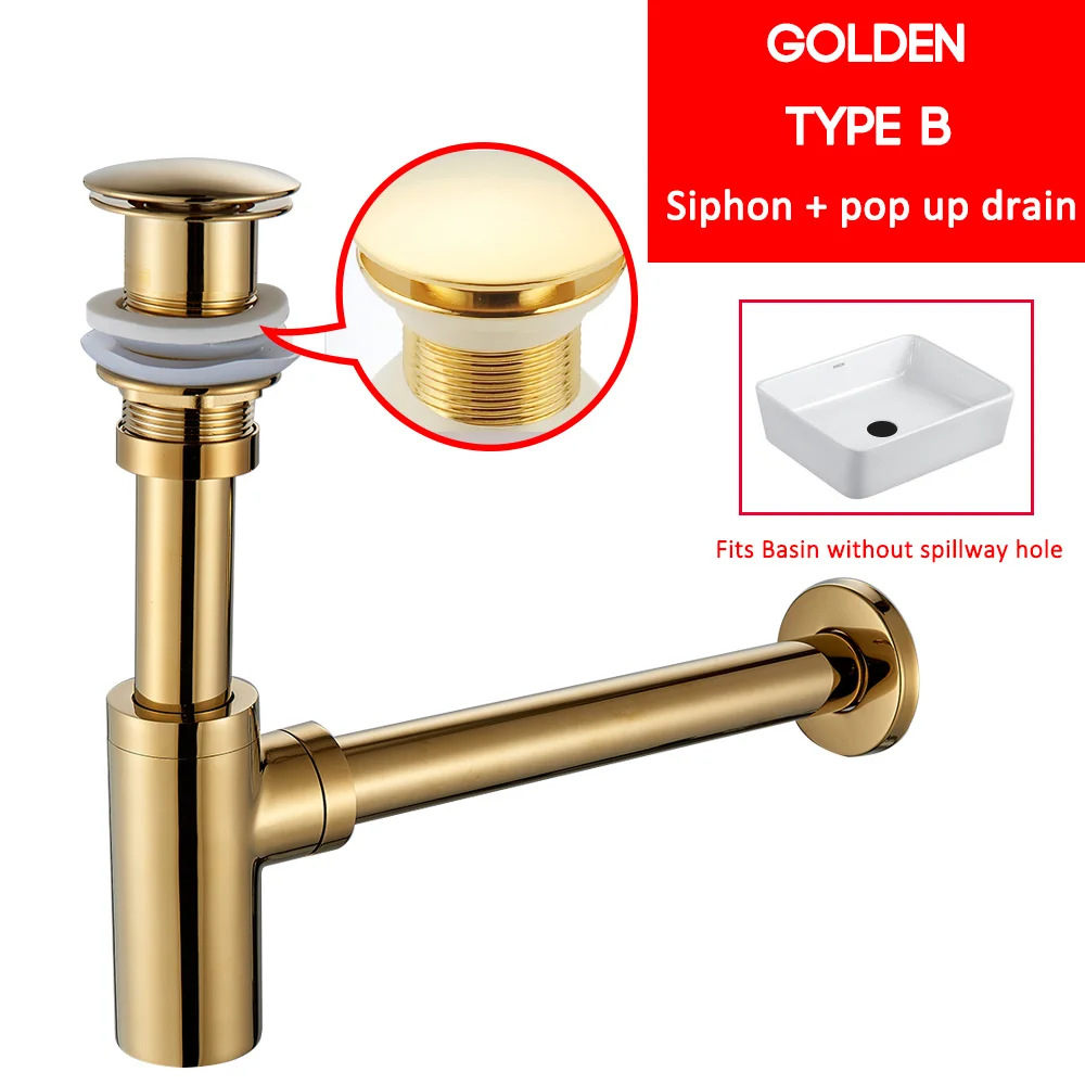 Gold B Quyanre ловушка для бутылок латунь круглый сифон черный хром золото P-TRAP ванная комната туалетный труба РАКОВИНЫ отходов - Цвет: Gold B