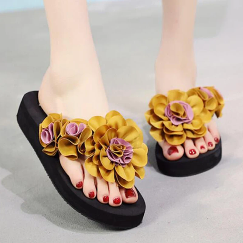 Шлепанцы женские на платформе пляжные сандалии цветочные тапки ручной работы