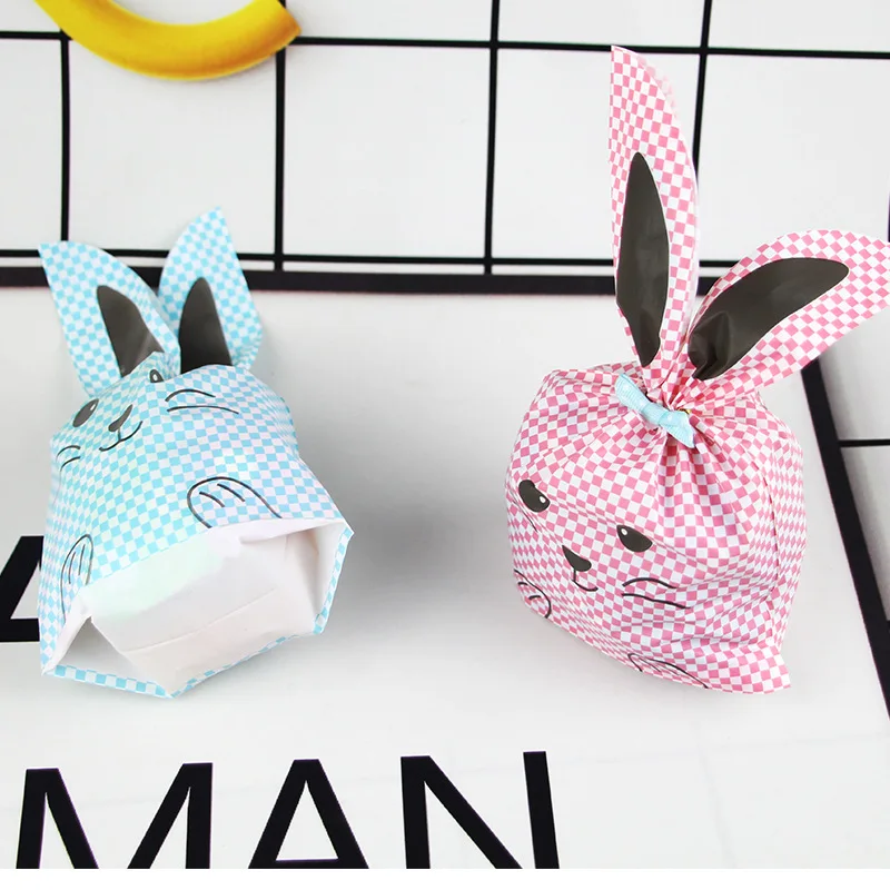 

50pcs/lot Pink and Blue Cute rabbit ear cookie bags Self-adhesive Plastic Bags for Biscuits Snack Baking Package food bag party