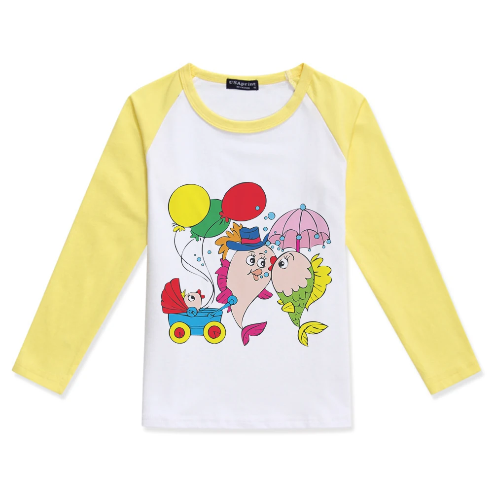 

Children Clothing Cotton Fashion Tees Girls Raglan Long Sleeve Tops Kids Tshirt Beautiful Goldfish Fish Printing Child T-Shirt