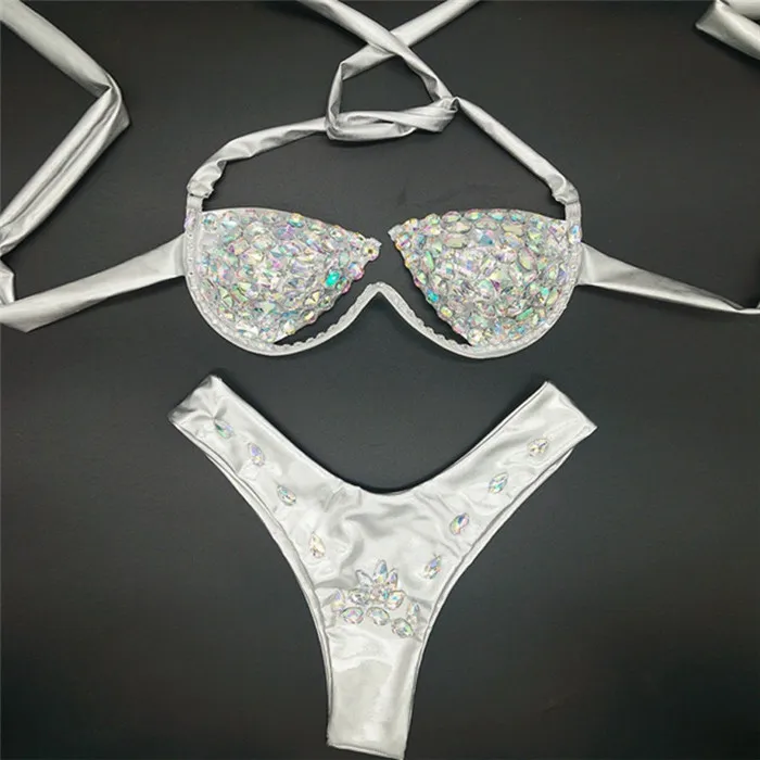 Shiny Crystal Rhinestones Bathing Suits Bandage Hollow Out Padded Sexy Tight Bikini Set Summer Beach Pool Women Swimming Suits - Цвет: Серебристый