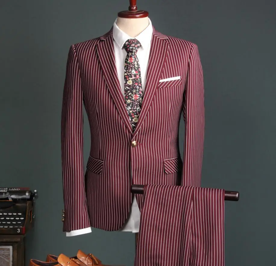 

Red White Stripe Fashion Men Slim Fit Suits One Button Groom Tuxedos esmoquin hombre men wedding suits 2017(jacket+pant+vest)