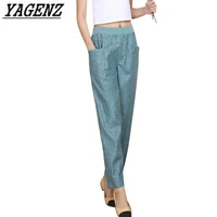 2021 summer women linen harem pants middle aged lady elastic waist loose casual pants plus size 4xl pocket thin female trousers
