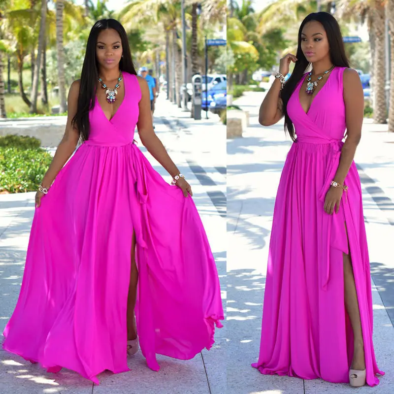 Платье женское однотонное без рукавов пикантный пляжный сарафан с V образным