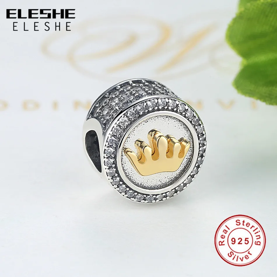 Подходит для аутентичного ELESHE, браслет, серебряные подвески, 925, Европейский золотой цвет, форма короны, кристалл шармы бусины, сделай сам, ювелирное изделие, подарок