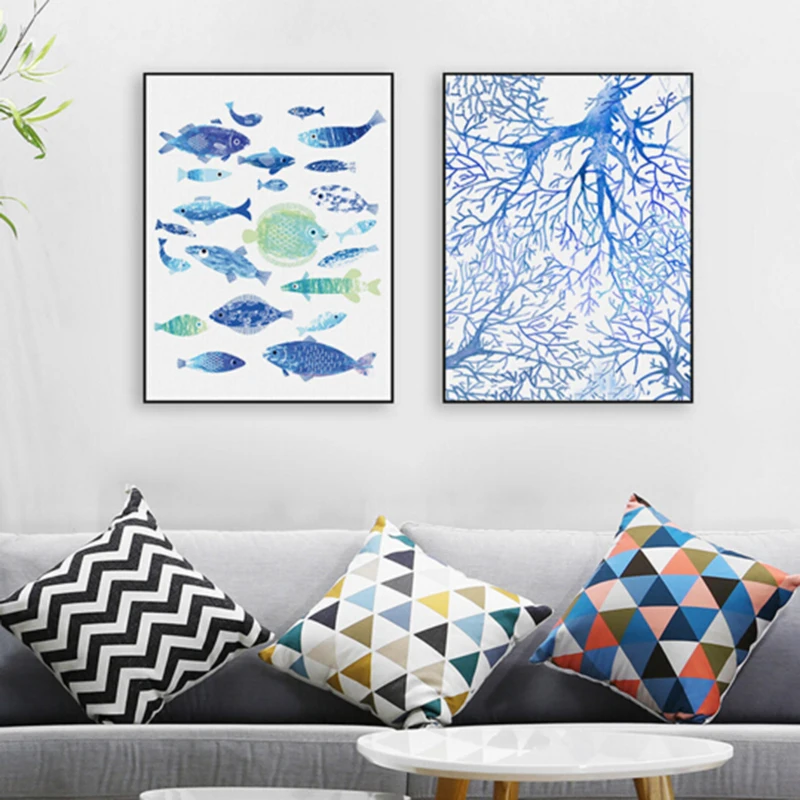 Абстрактный морской рыбы синий коралловый большой парусиновый художественный
