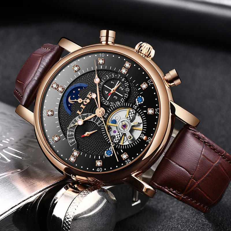 LIGE Брендовые мужские часы автоматические механические Tourbillon спортивные кожаные