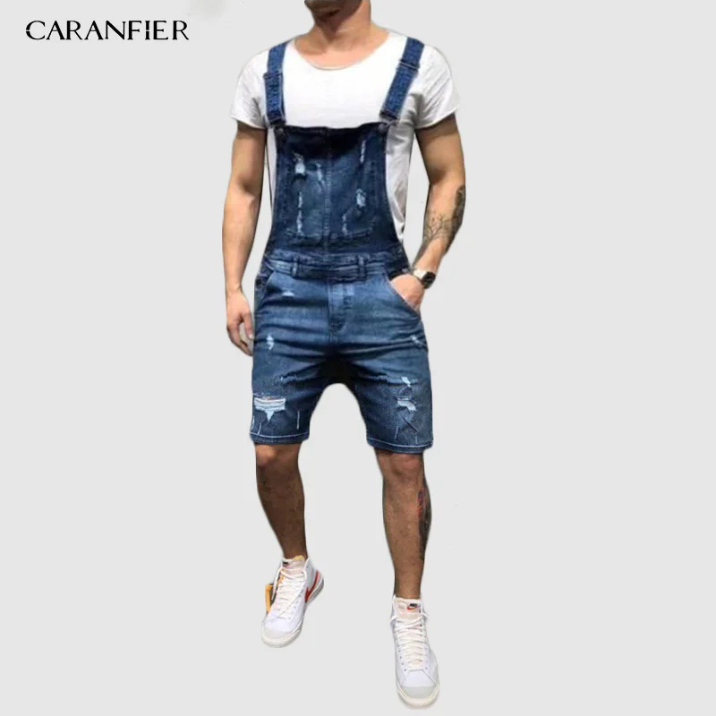 

CARANFIER Campus Student Jeans Siamese Strap Old Denim Overalls Loose Casual Comfortable Straight Five Points Siamese Strap Hole