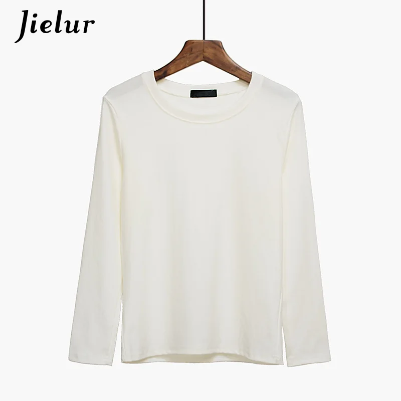Белый Jielur 5 Solid Color Hipster Long Sleeve Tshirt Women White O Neck Basic Tshirt Feminina Simple Korean Style Vetement Femme - Цвет: Белый