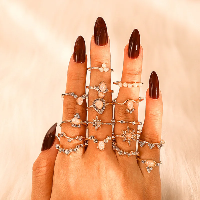 16Pcs/set Bohemian National Fashion Retro Water Drop Beauty Head Gold Cross Patterned Lady Vintage Loving Charm Joint Ring Set | Украшения