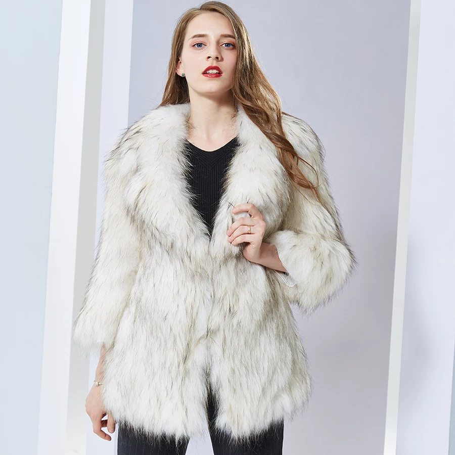 

real raccon dog fur coat medium-long lady knitted Jacket women natural fur coat Luxurious Color Soft Warm lady knitted Jacket