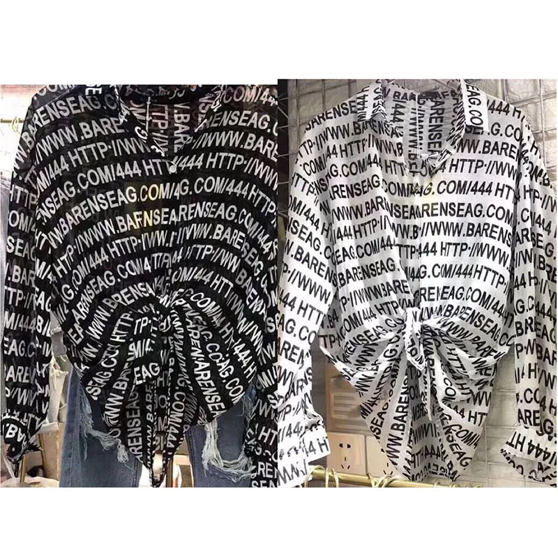 Cheerart Streetwear Letter Print Chiffon Blouse Women Long Sleeve See Through Fashion Shirts Loose Sheer Top 2019 |