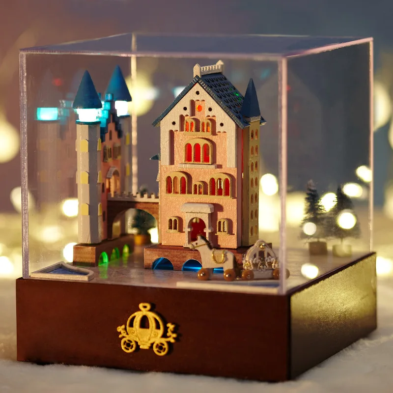 

Cute Room The Wooden House Diy House for Puppenhaus Miniature Gift House Toys for ChildrenToys -castle Rotating Carriage