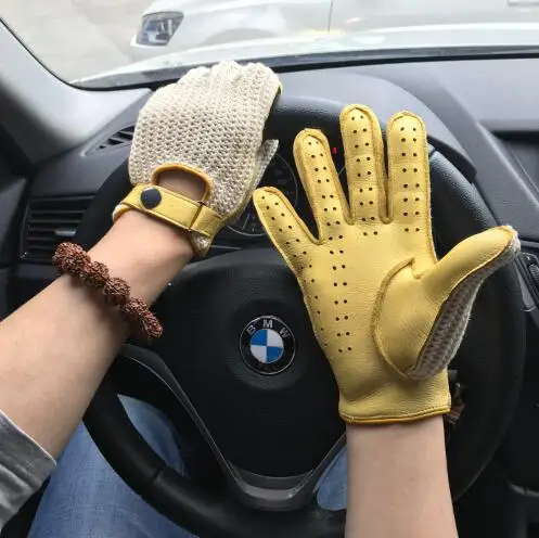 yellow Мужские кожаные перчатки из оленьей кожи, новинка, нескользящие перчатки для вождения мотоцикла без подкладки, мужские кожаные варежки - Цвет: yellow