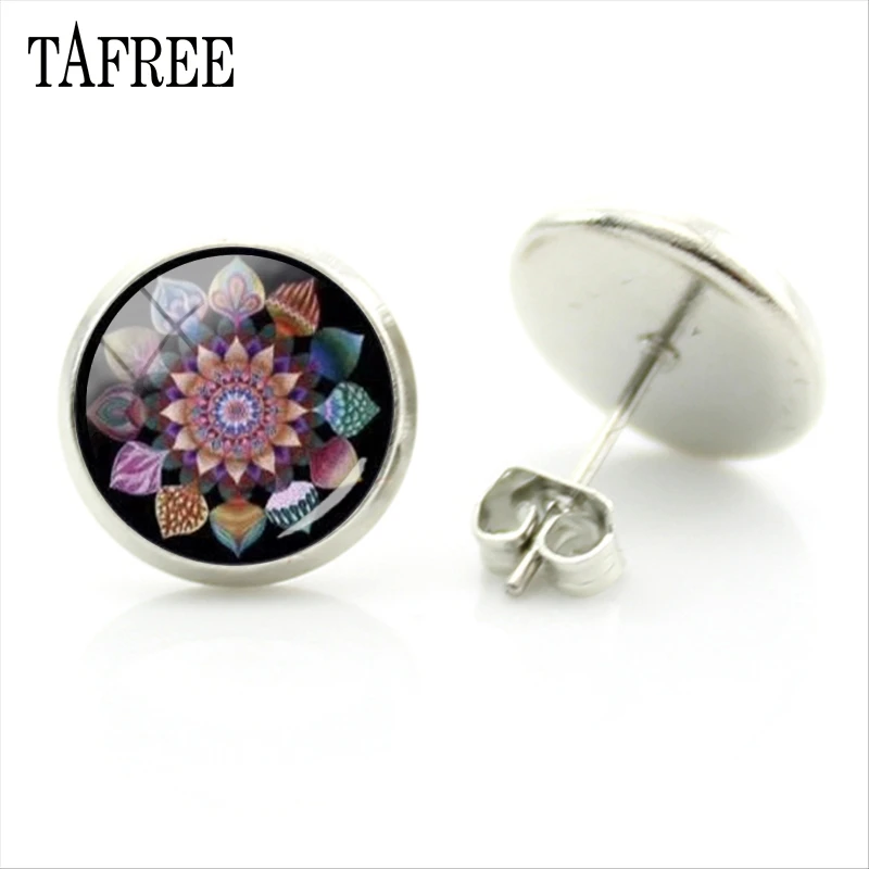 

TAFREE New Arrival Mandala Zan Yoga Stud Earrings Trendy Design Glass Cabochon Personality Ornaments Surprise Present HN502