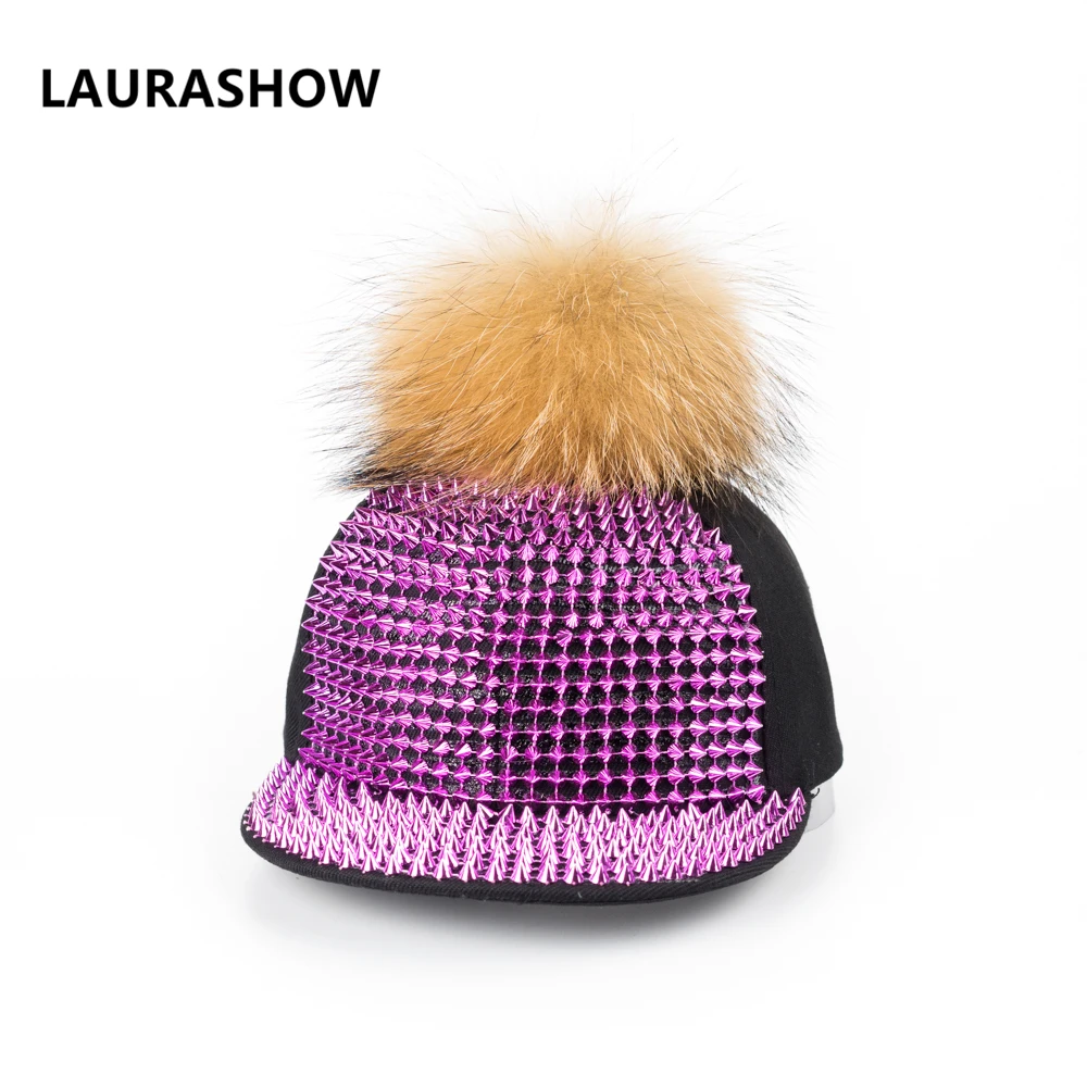 

LAURASHOW Adult Cap Real Mink Fur Ball Pom Metal Sun Hats Summer Baseball Caps Women Hip Hop