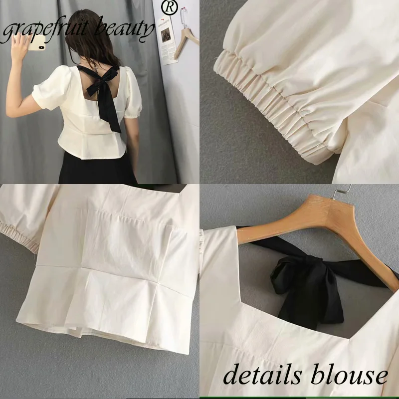 New French Women Elegant Square-collar Delicate office lady white ruffles Blouses Breasted Irregular Short Shirts Blous |