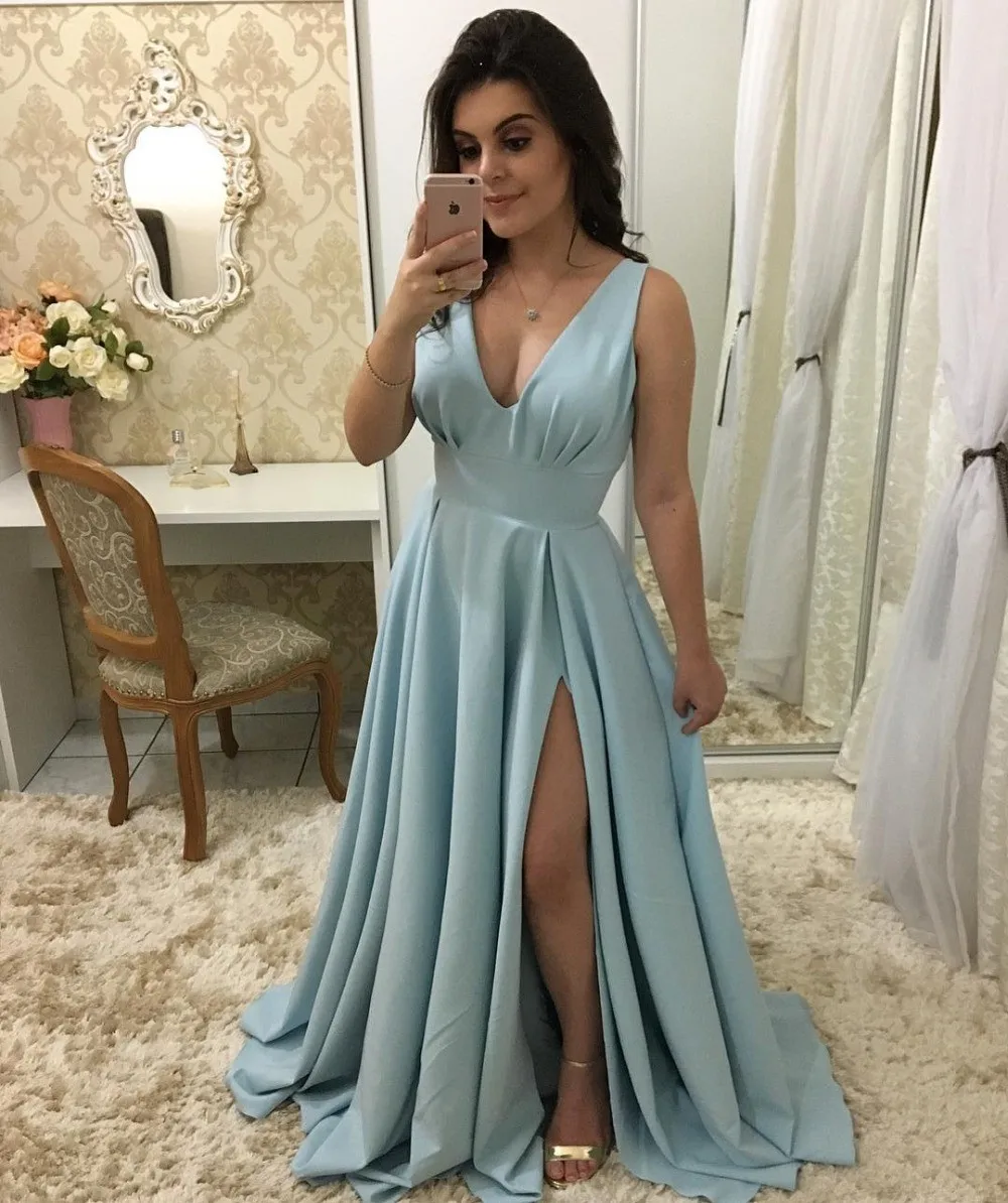 

Vestidos De Gala Sexy Deep V-Neck Side Slit Long Evening Dresses Elegant Blue Draped Backless A-Line Evening Gowns