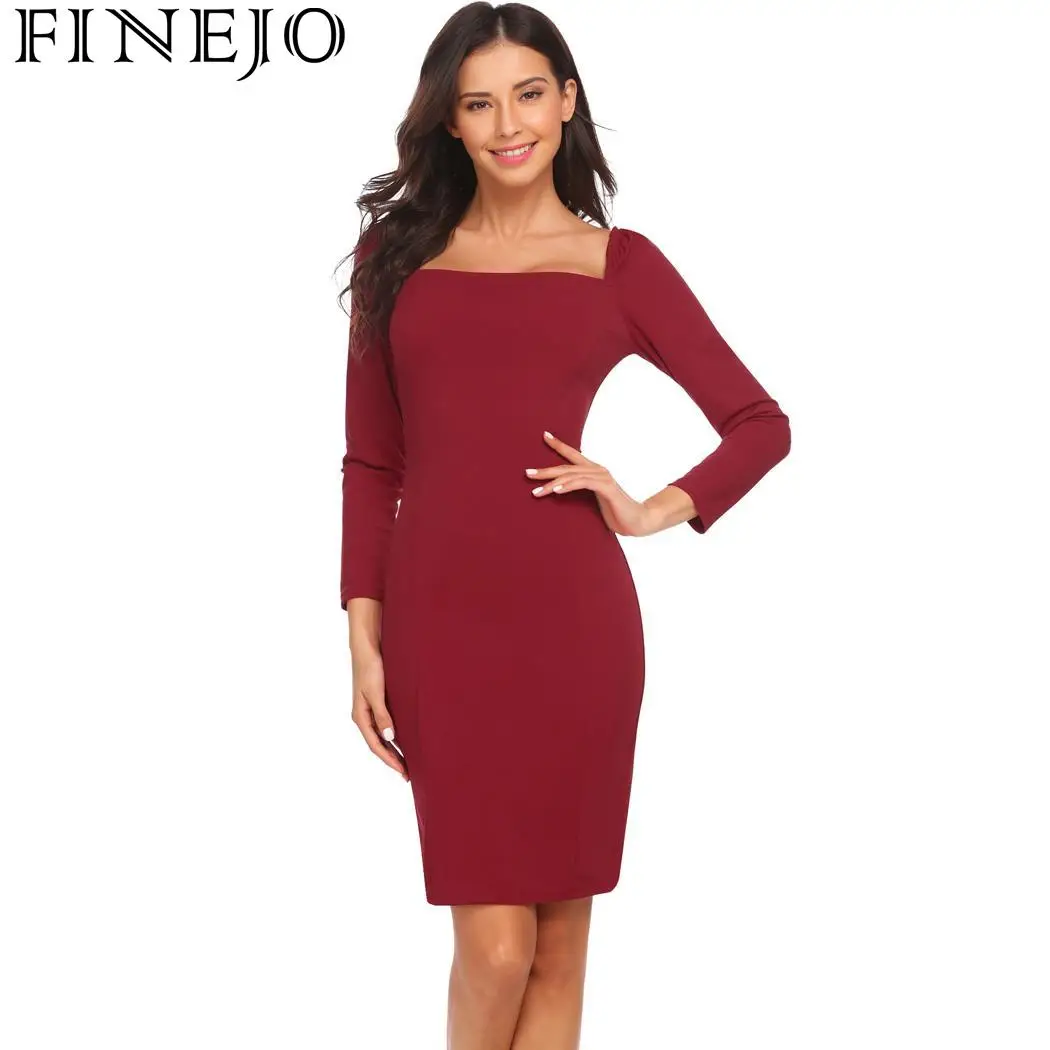 FINEJO квадратное женское однотонное обтягивающее элегантное платье карандаш с