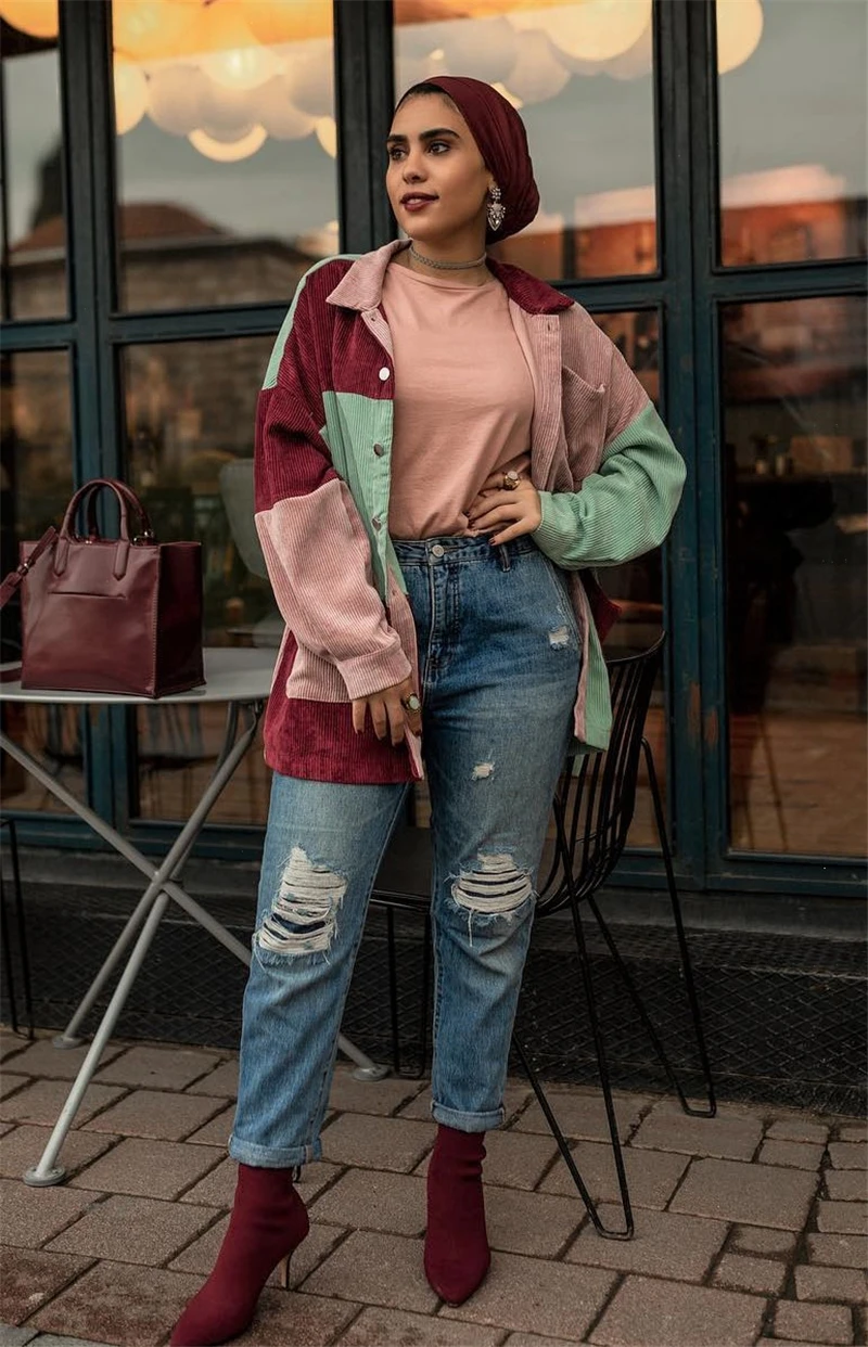 Dotfashion, вельветовое пальто с цветными блоками, карманами и пуговицами спереди, Женская Повседневная Осенняя однобортная одежда с длинным рукавом, женская верхняя одежда