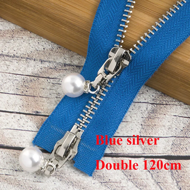 Meetee 20/80/120 см 5# разъемная застежка-молния металлическая молния с жемчугом и застежка-молния слайдера Для женщин открытый конец застежки-молнии для одежды сумки из натуральной кожи пальто; Прошитые вручную инструменты AP541 - Цвет: blue silver 120cm