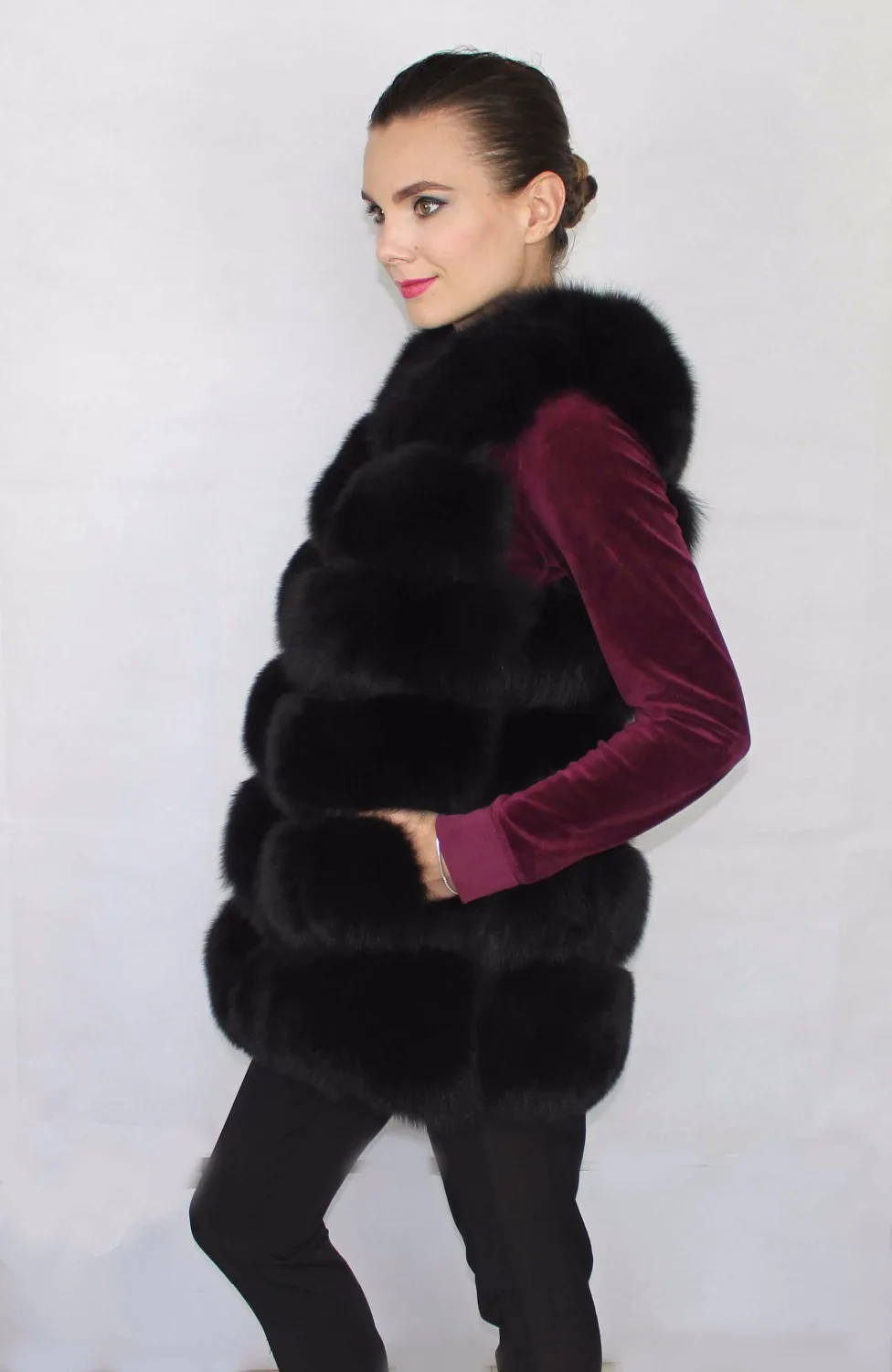 Linhaoshengyue 70cm Long  Real  Fox  Fur  Vest With  Six Row