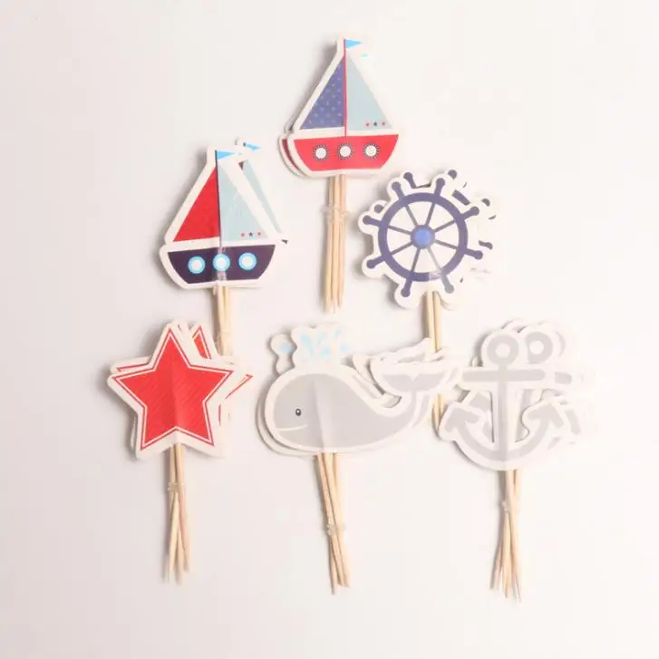 

24 Pcs/pack Cartoon Ocean Sailing Yacht Boat Pirate Ship Whale Star Cupcake Toppers Party Kids Boy Birthday Cake Decorations