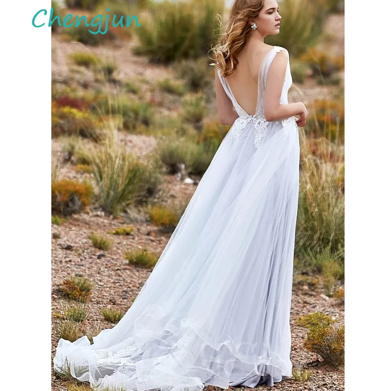 Новый продукт Chengjun тюль с V образным вырезом небесно голубое и белое кружевное