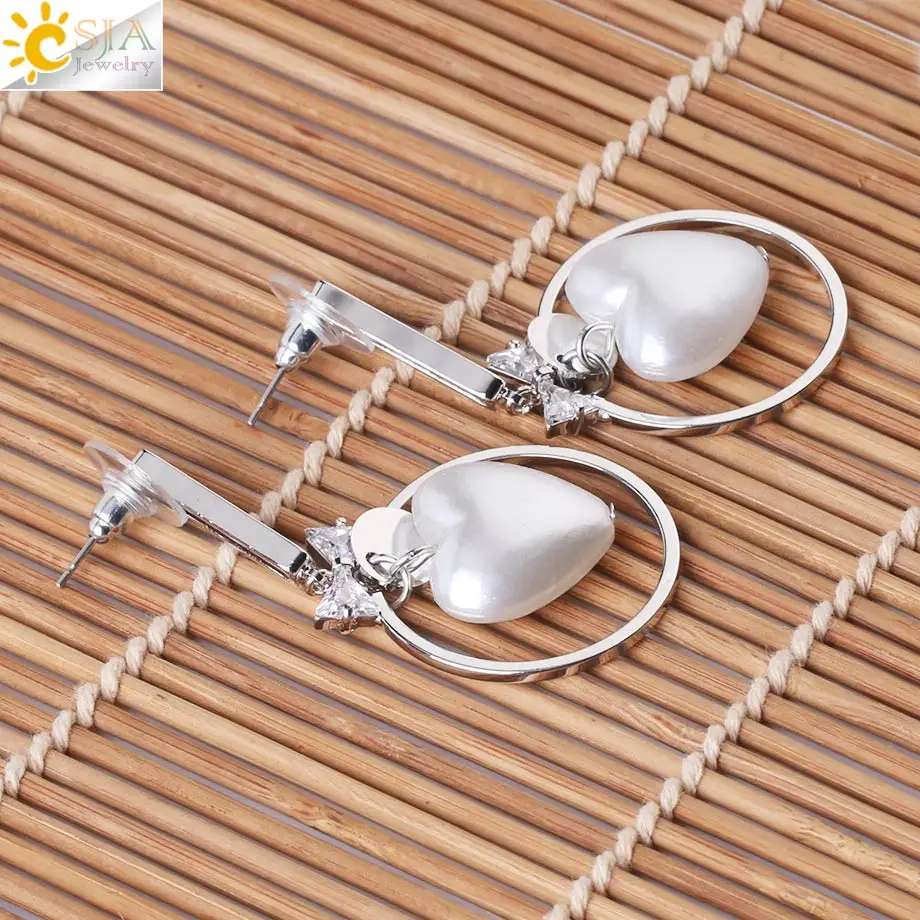 CSJA Korean Silver Color Stud Earrings Love Heart Stone Bow-knot Zircon Pendant Fashion Jewelry for Women Girls Charm Gifts G037 | Украшения