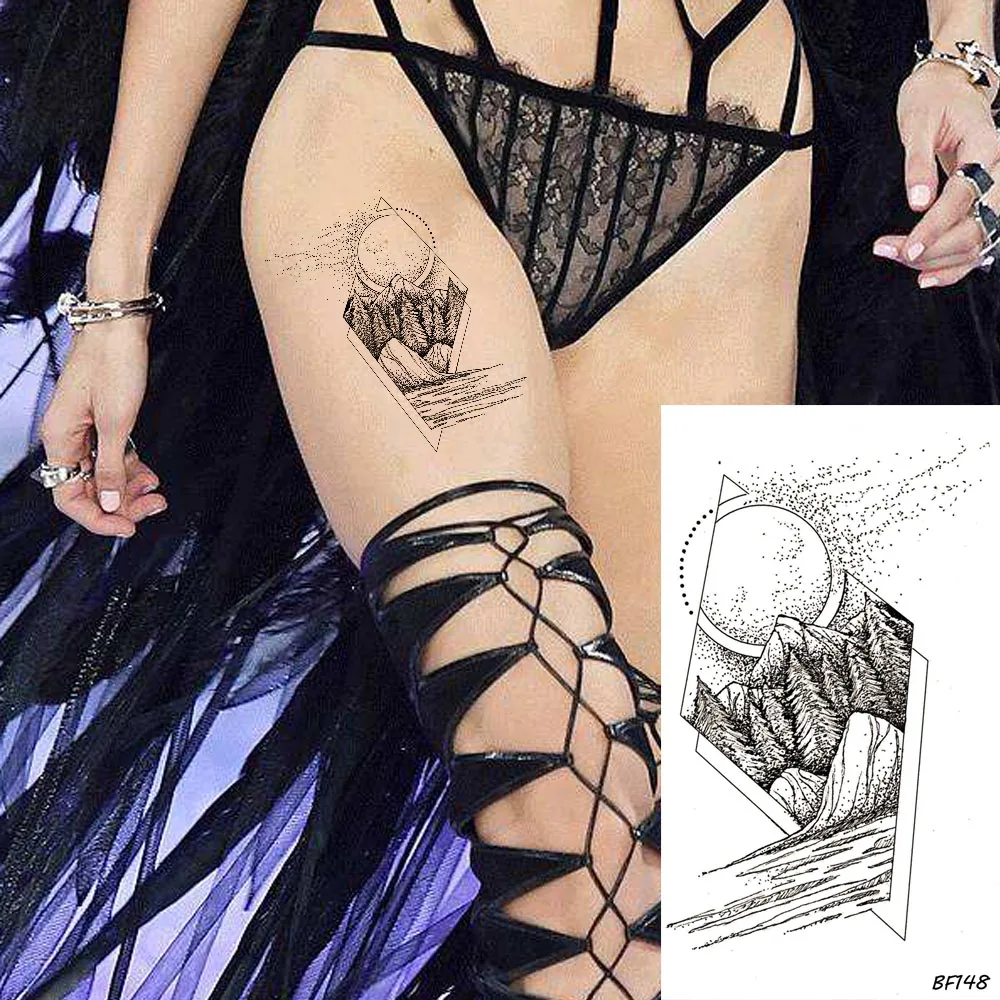 

Black Fake Tattoo Stickers Women Body Arm Chest Temporary Tattoo Men Geometric Moon Hll Water Transfer Tatoos River Sketch Paste