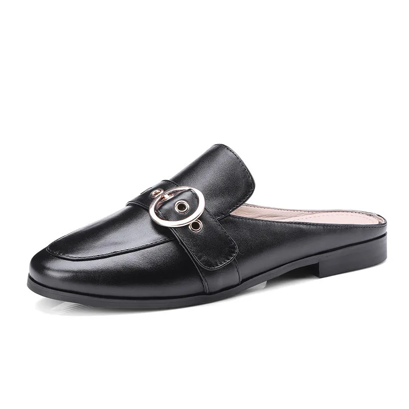 

Half Slipper Casual Flat Belt Buckle Covered Toe Lazy Mullers High Quality Genuine Leather Fashion Women Slip-on Summer Hot Shoe