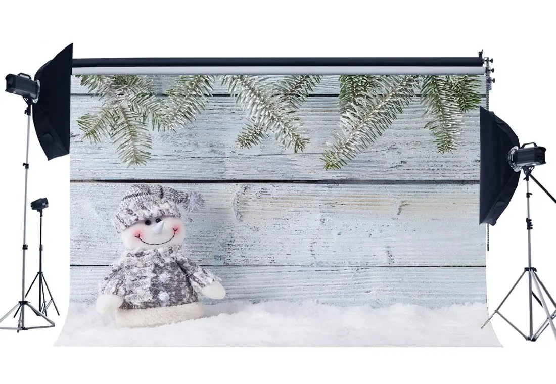 

Photography Backdrop Christmas Snowman Pine Twigs Rustic Wood Plank Snow Winter Xmas Backdrops
