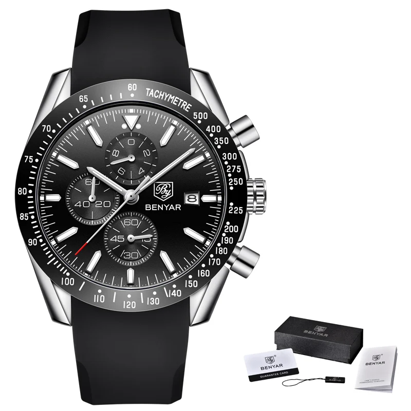 Silico Silve Black B BENYAR мужские часы для роскошного бренда Бизнес стали Кварцевые часы повседневные водонепроницаемые мужские наручные часы Relogio Masculino - Цвет: Silico Silve Black B