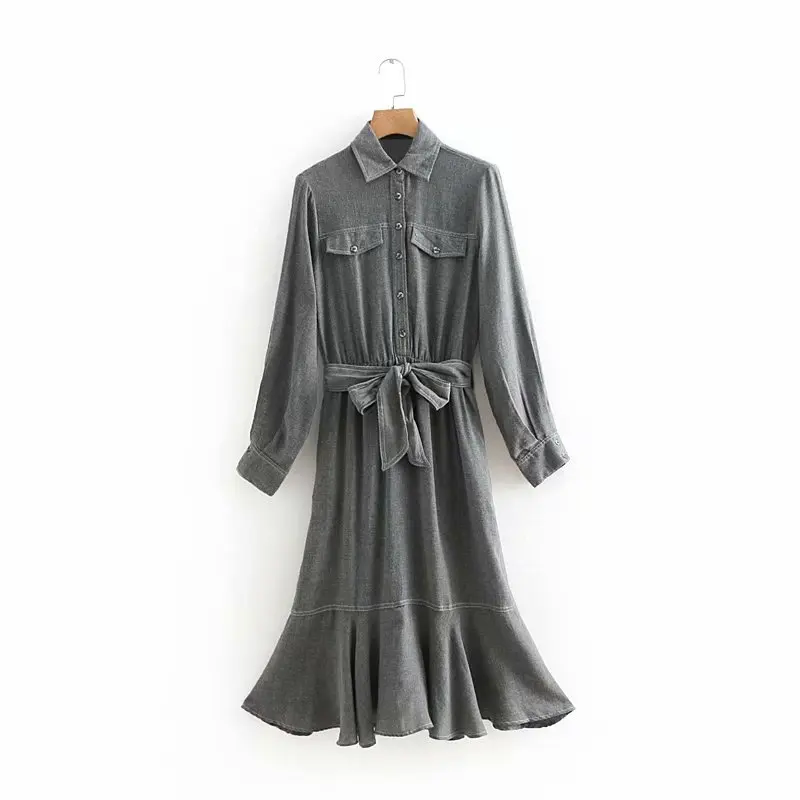 Женское винтажное платье с длинным рукавом и оборками шерстяное миди женское