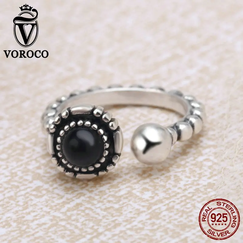 VOROCO 100% Подлинная Стерлингового Серебра 925 Черный Агат Кольцо Регулируемый Палец