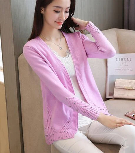 pink JQNZHNL осенний женский короткий свитер, кардиганы, модный длинный кардиган с рукавами, украшенный бисером, Повседневный свитер, пальто, верхняя одежда L669 - Цвет: pink