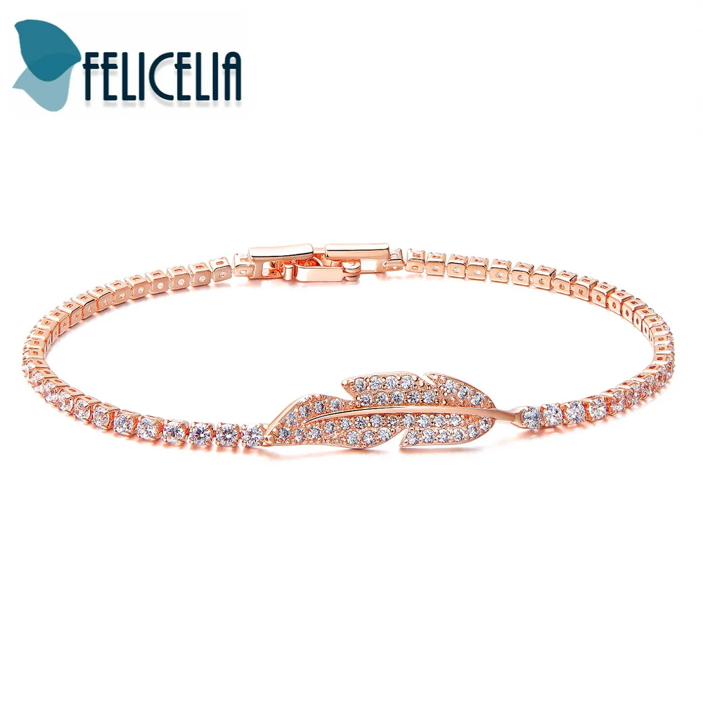 Felicelia Fashion Leaf Design Rhinestone Cubic Zirconia Tennis Bracelet Silver/ Rose Gold Color Chain For Women Girl | Украшения и
