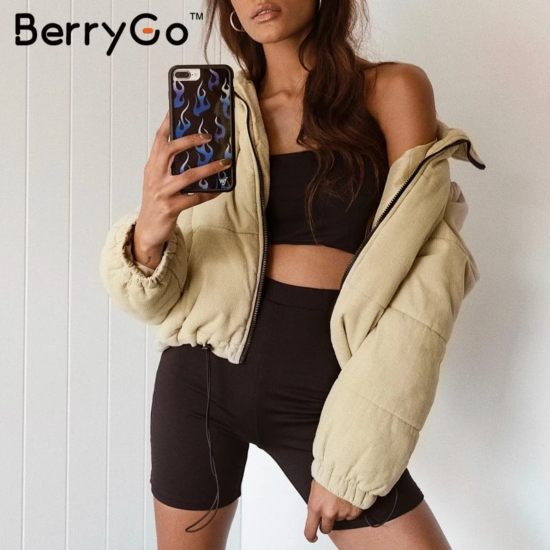 BerryGo Повседневное вельветовые Толстая парка пальто Зимняя теплая Модная Верхняя одежда Пальто Для женщин Хаки Куртка в уличном стиле пальто