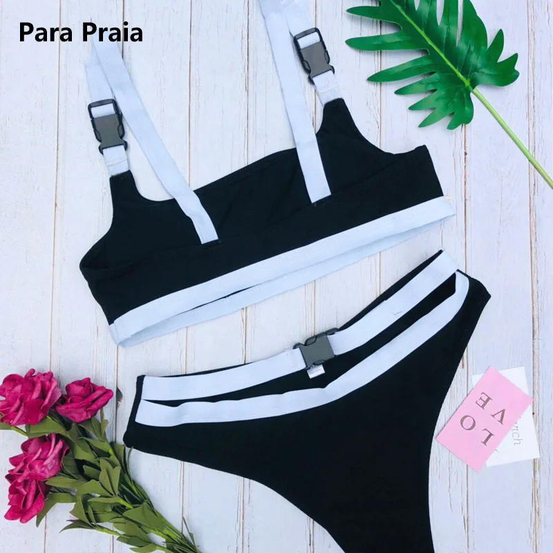 Halter Bandeau Swimwear Belt Buckle Bikini Set Women Swimsuit Sport Sexy Bathing Suit High Cut Swimwear Thong Swim Wear