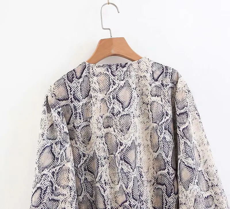 2018 women sexy V neck snake pattern dress elastic waist three quarter sleeve pleated buttons casual mini vestidos | Женская одежда