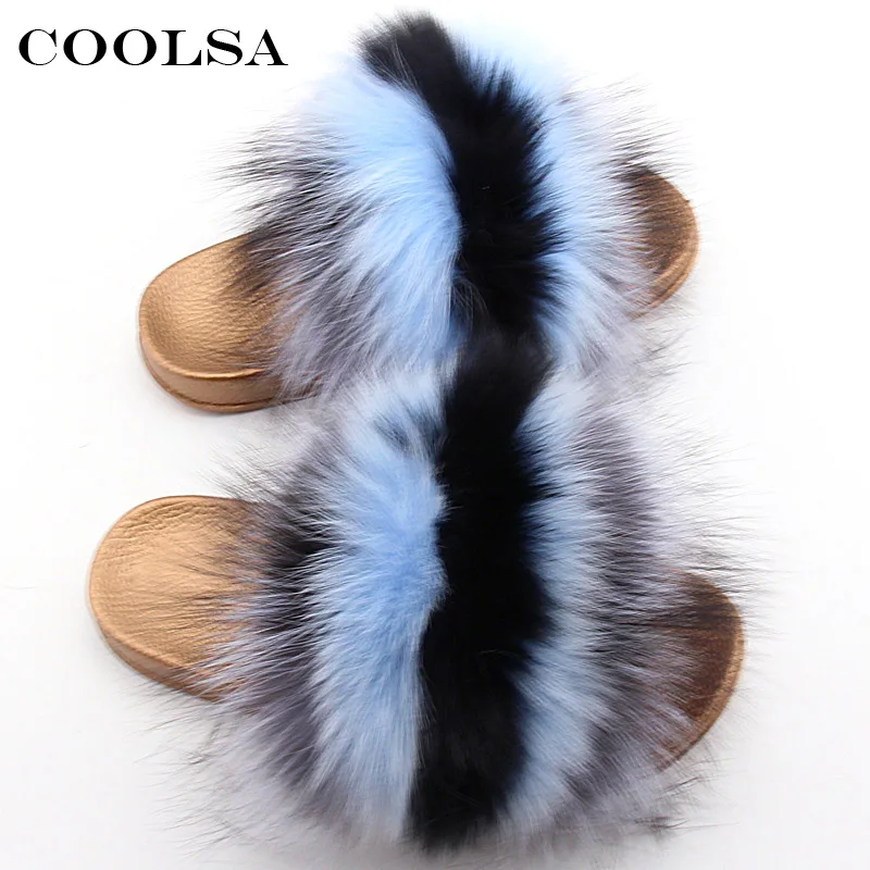 

Coolsa Womens Fox Fur Slippers Mixed Colors Striped Fluffy Real Fur Slides Female Rubber Sandals With Fur Home Cute Plush Shoes
